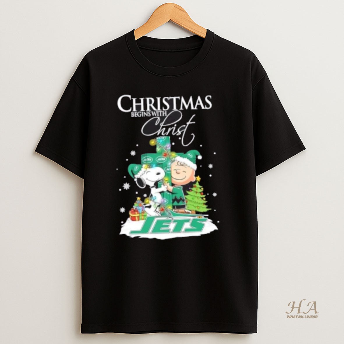 Official Snoopy And Charlie Brown X New York Jets Christmas Begins With Christ T Shirt