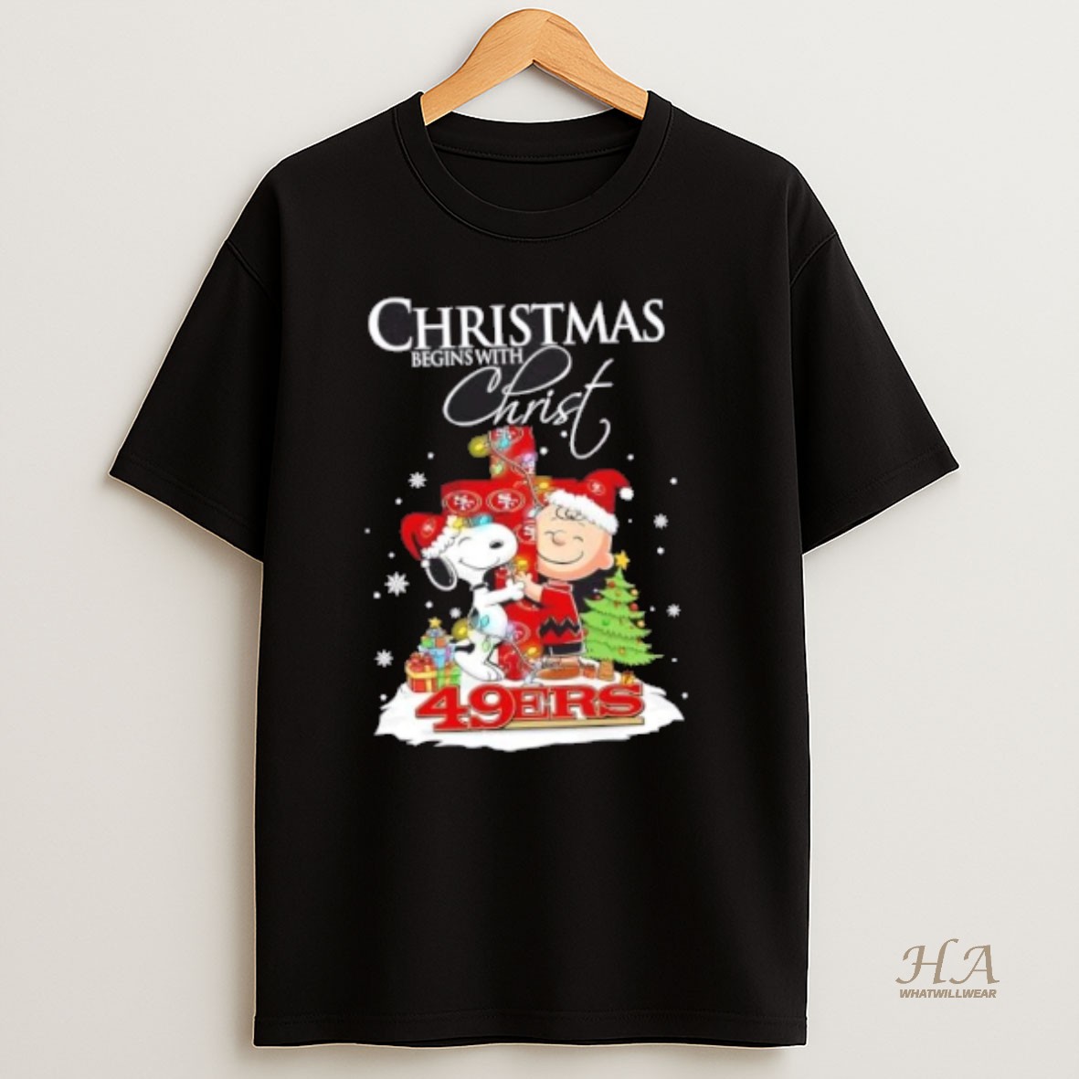 Official Snoopy And Charlie Brown X San Francisco 49ers Christmas Begins With Christ T Shirt