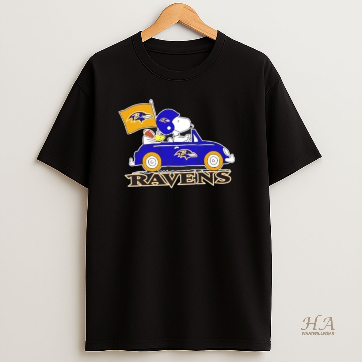 Official Snoopy And Woodstock Driving Car Baltimore Ravens Football Shirt
