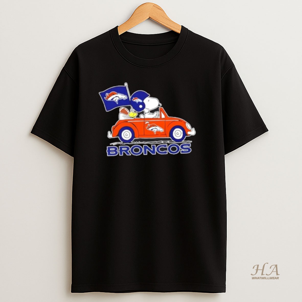 Official Snoopy And Woodstock Driving Car Denver Broncos Football Shirt