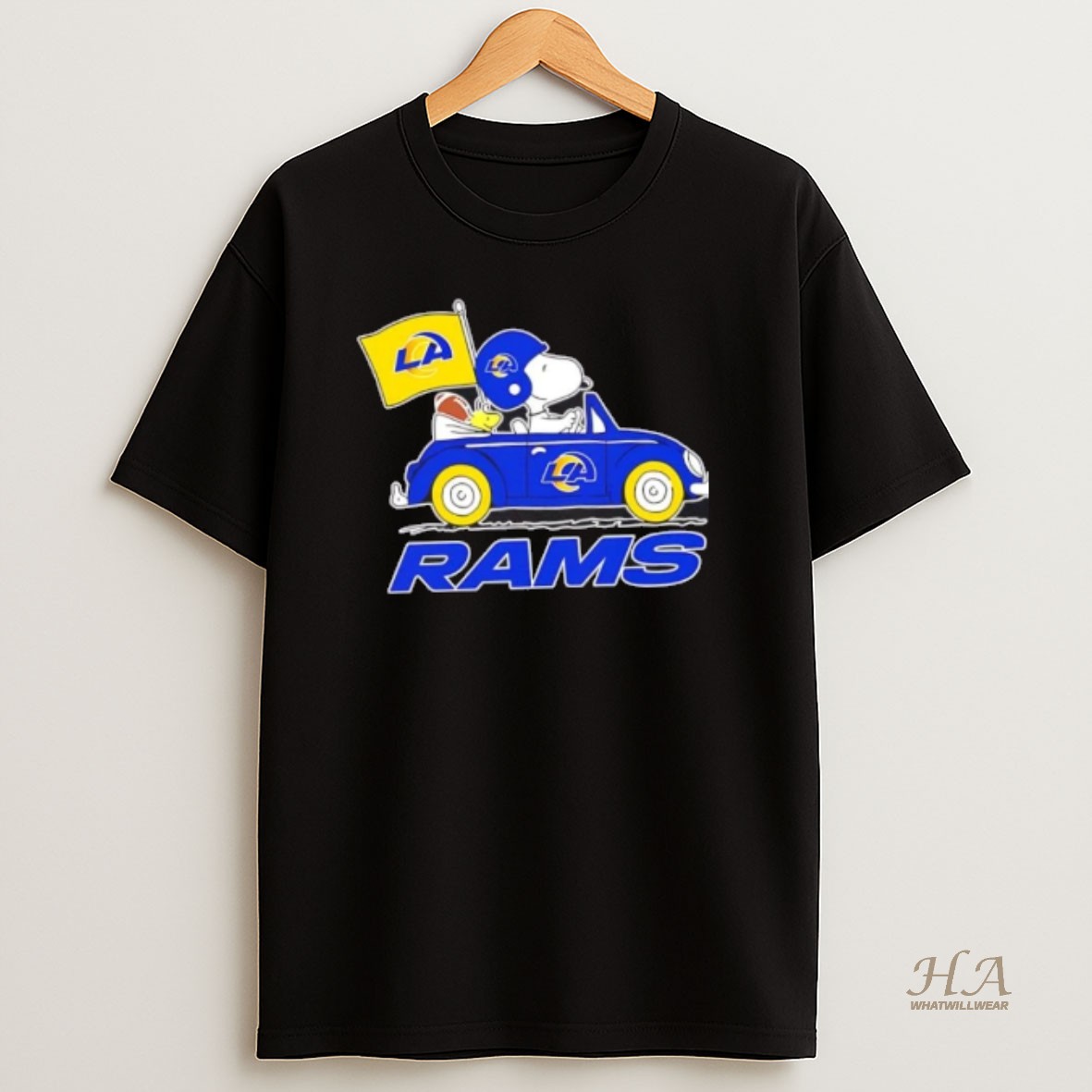 Official Snoopy And Woodstock Driving Car Los Angeles Rams Football Shirt