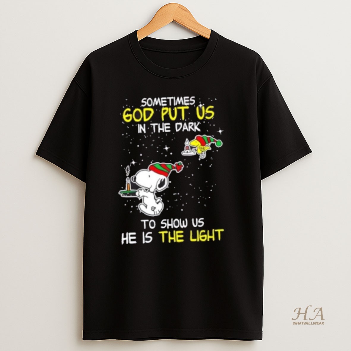 Official Snoopy And Woodstock Sometimes God Put Us In The Dark To Show Us He Is The Light T Shirt