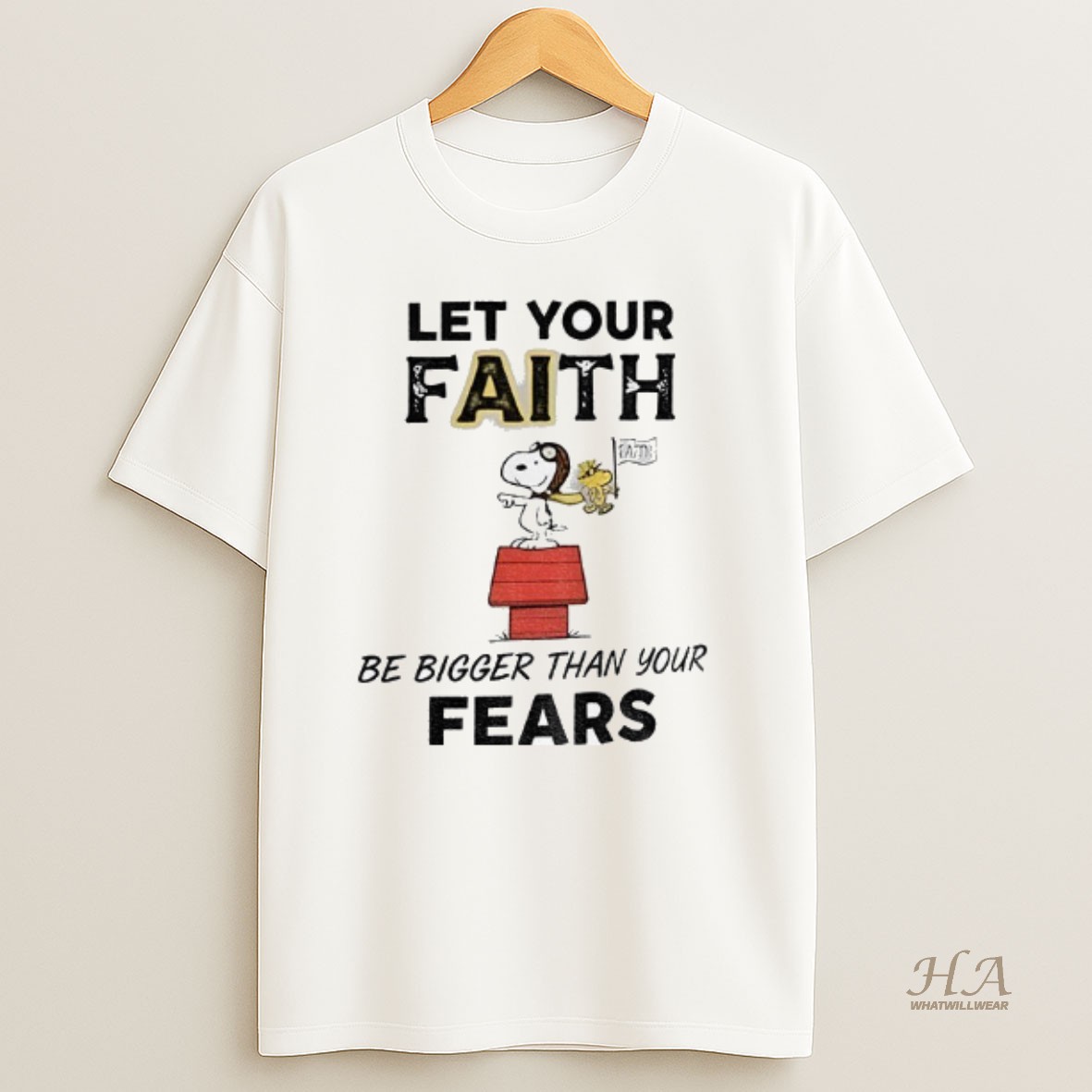 Official Snoopy Red House Let Your Faith Be Bigger Than Your Fears Christmas T Shirt
