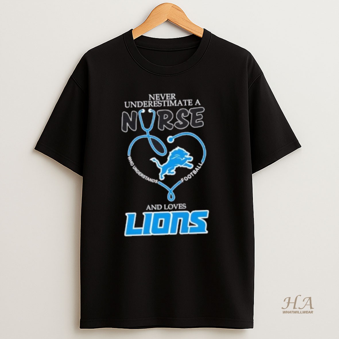 Official Stethoscope Heart Never Underestimate A Nurse Who Understand Football And Loves Detroit Lions T Shirt