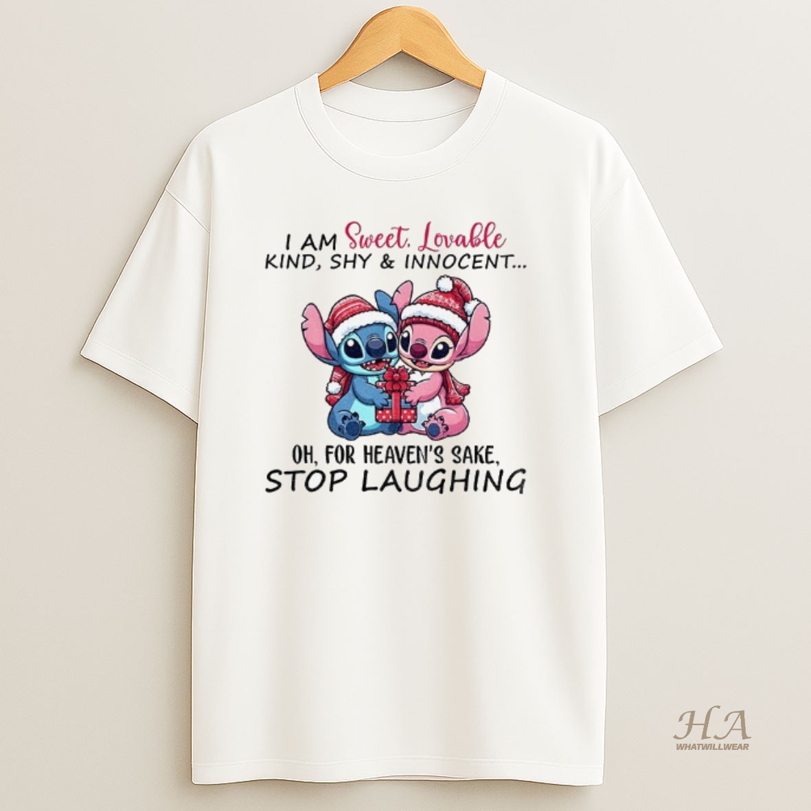 Official Stitch Santa I Am Sweet Lovable Kind Shy Innocent Oh For Heavens Sake Stop Laughing Christmas T Shirt