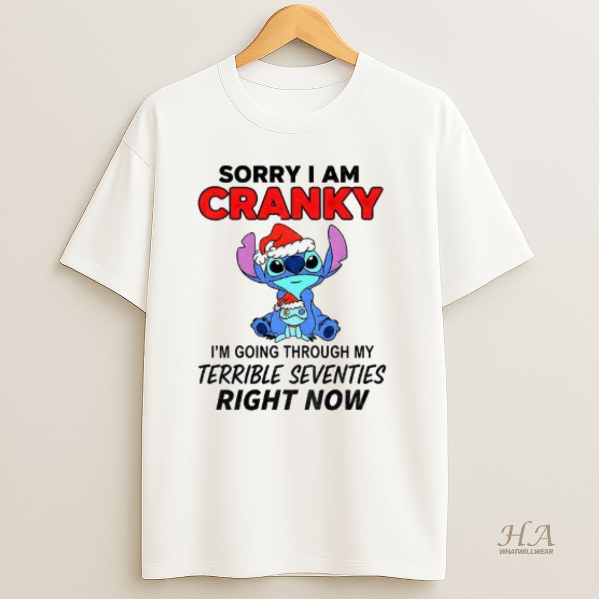 Official Stitch Santa Hat Sorry I Am Cranky Im Going Throuch My Terrible Seventies Richt Now Merry Christmas T Shirt