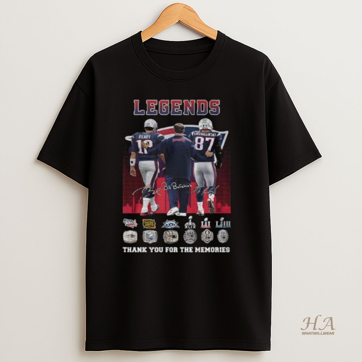 Official Tom Brady Rob Gronkowski Bill Belichick New England Patriots Nfl Football Legends Signatures T Shirt