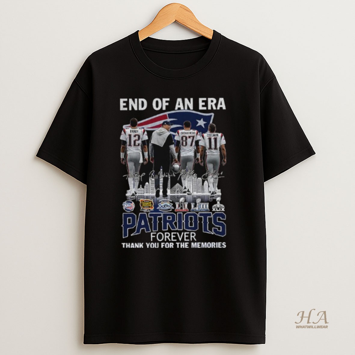 Official Tom Brady Rob Gronkowski Julian Edelman Bill Belichick New England Patriots End Of An Era Signature T Shirt
