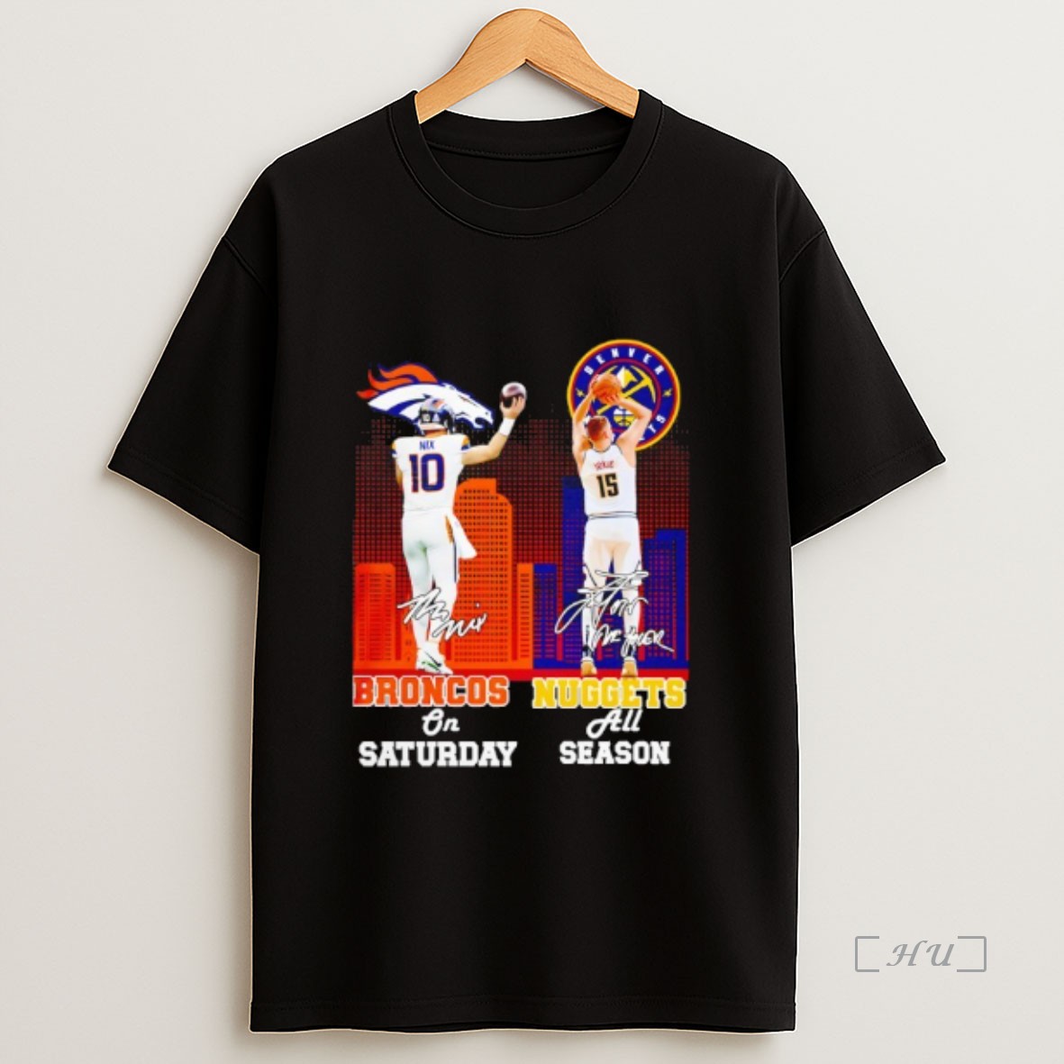 Officials Bo Nix Denver Broncos And Nikola Jokic Denver Nuggets Signature Premium Shirt Sweatshirt Tee