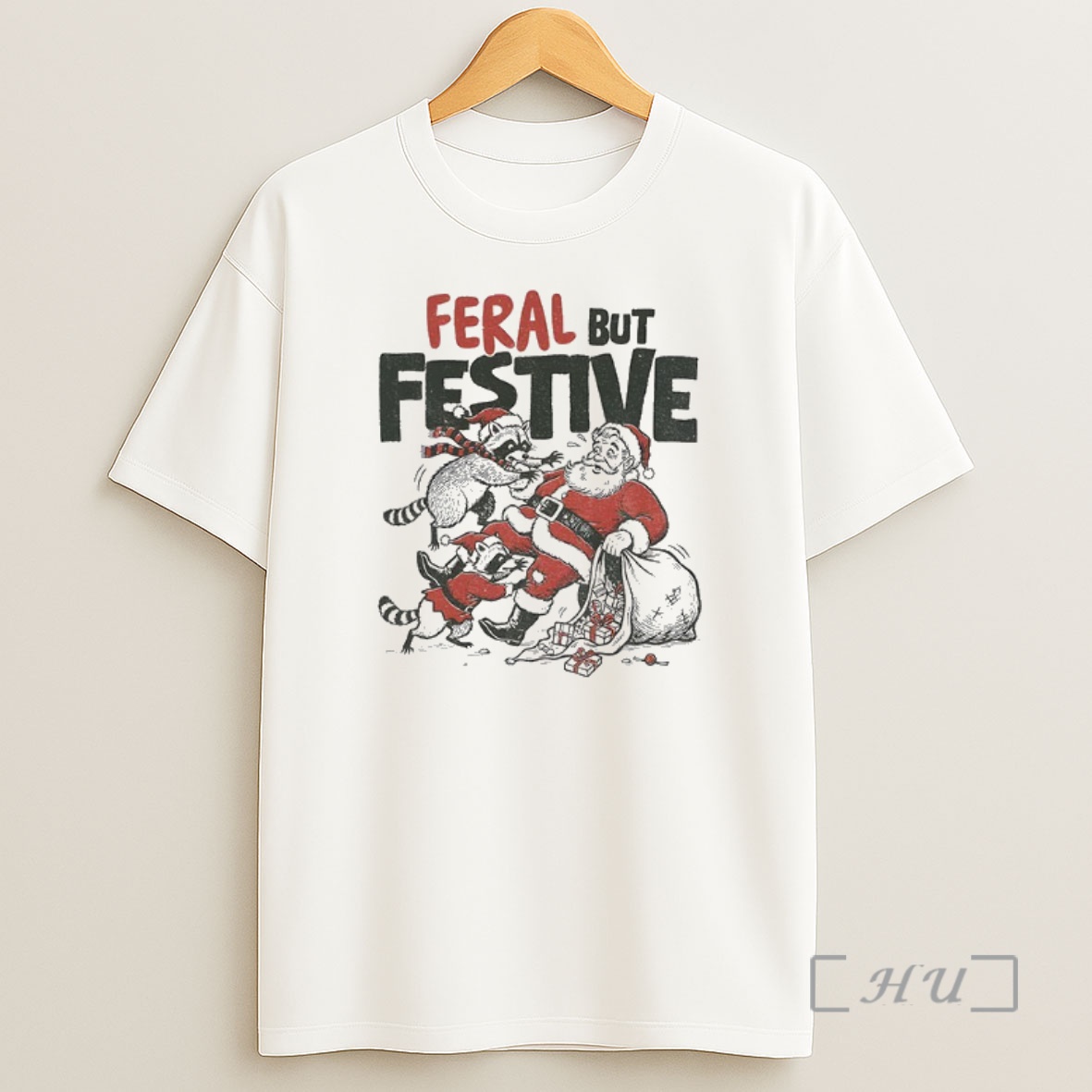 Officials Funny Christmas Raccoon Vs Santa Feral But Festive Premium Shirt Sweatshirt Tee