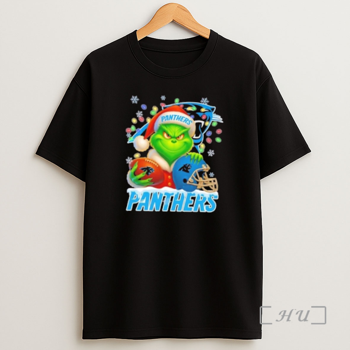 Officials Grinch Christmas Lights Holding A Ball And Smiling At Carolina Panthers Fans Premium Shirt Sweatshirt Tee