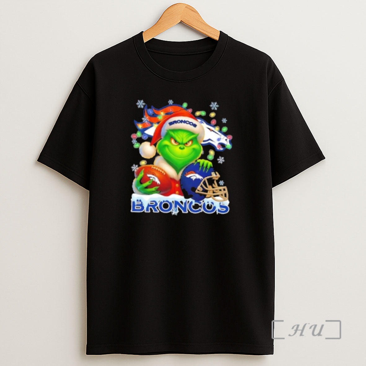 Officials Grinch Christmas Lights Holding A Ball And Smiling At Denver Broncos Fans Premium Shirt Sweatshirt Tee