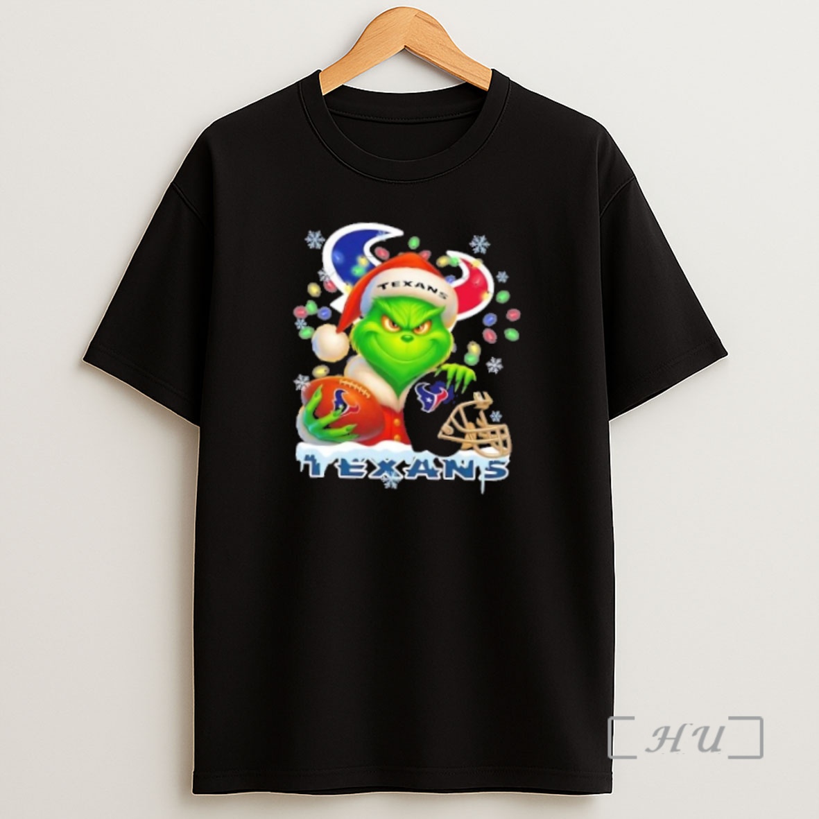 Officials Grinch Christmas Lights Holding A Ball And Smiling At Houston Texans Fans Premium Shirt Sweatshirt Tee