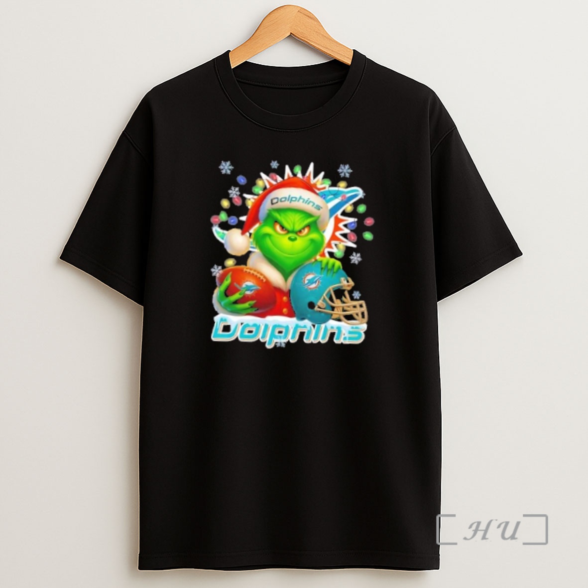 Officials Grinch Christmas Lights Holding A Ball And Smiling At Miami Dolphins Fans Premium Shirt Sweatshirt Tee