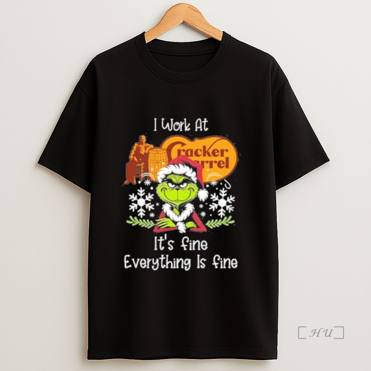 Officials Grinch I Work At Cracker Barrel Its Fine Everything Is Fine Christmas Premium Shirt Sweatshirt Tee