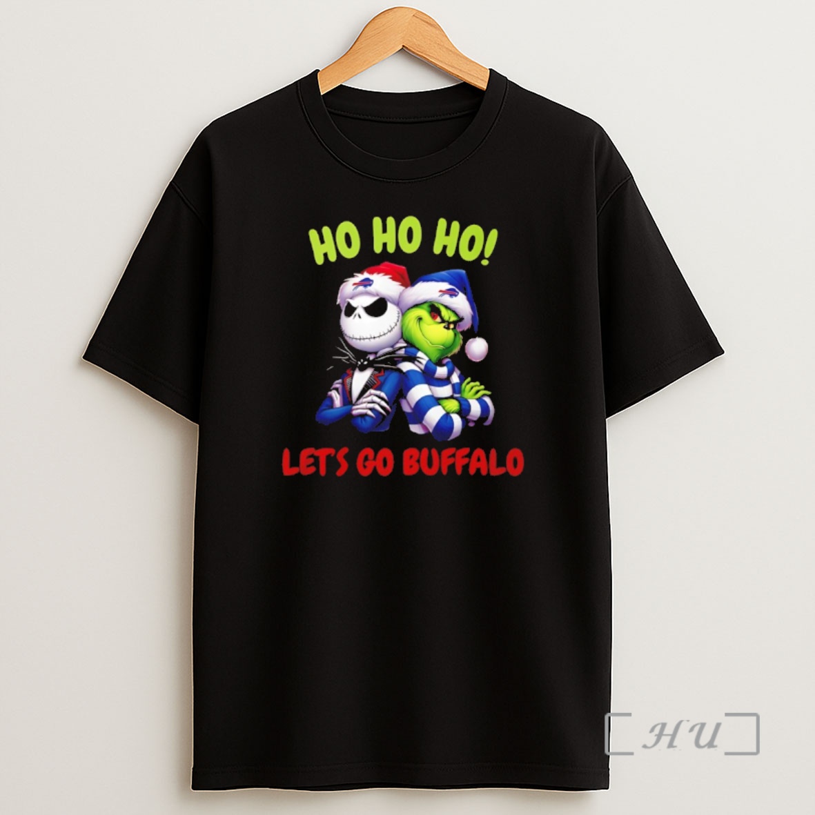 Officials Grinch And Jack Skellington Ho Ho Ho Lets Go Buffalo Christmas Premium Shirt Sweatshirt Tee