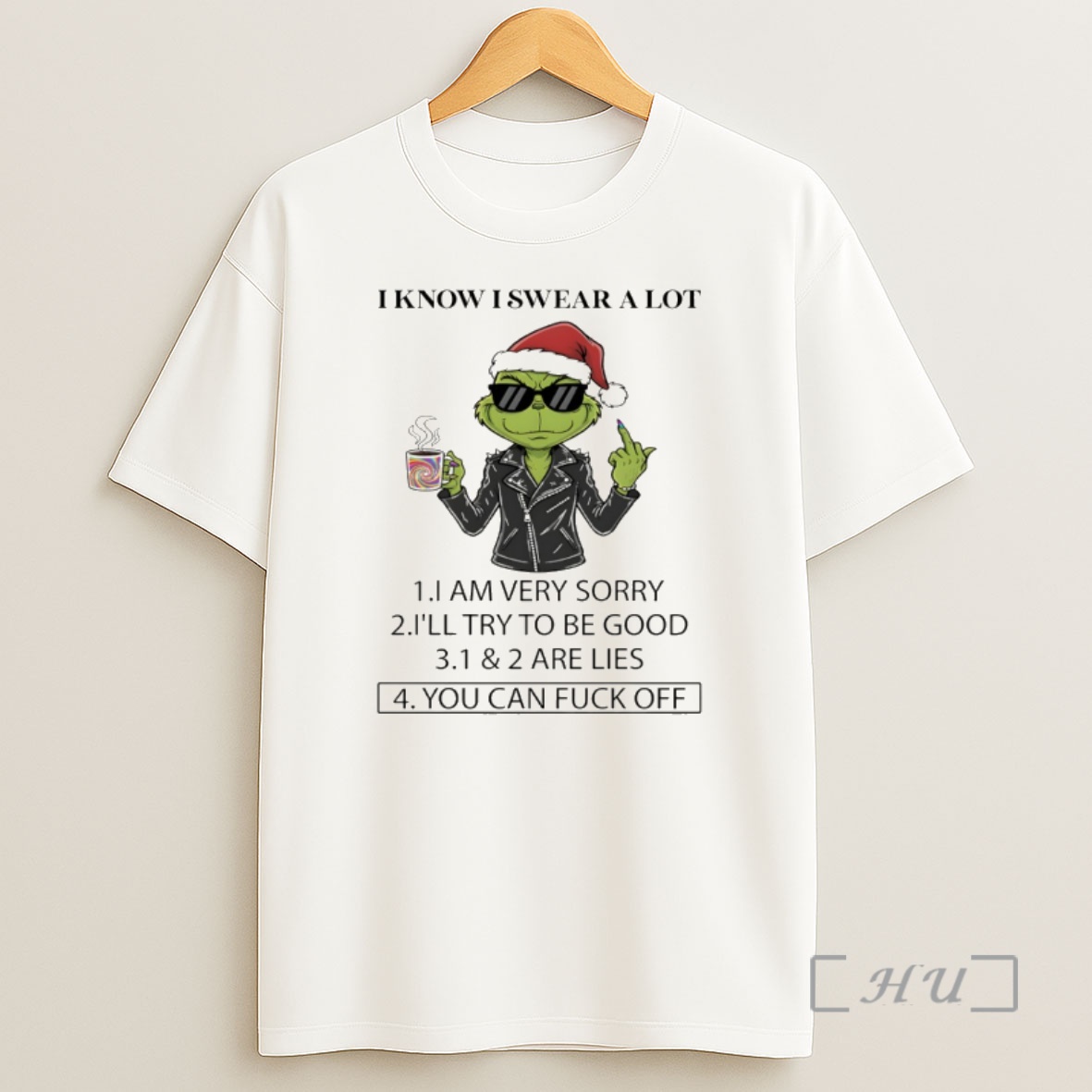 Officials Grinch Middle Finger Santa Hat I Know I Swear A Lot I Am Very Sorry Ill Try To Be Good Christmas Premium Shirt Sweatshirt Tee