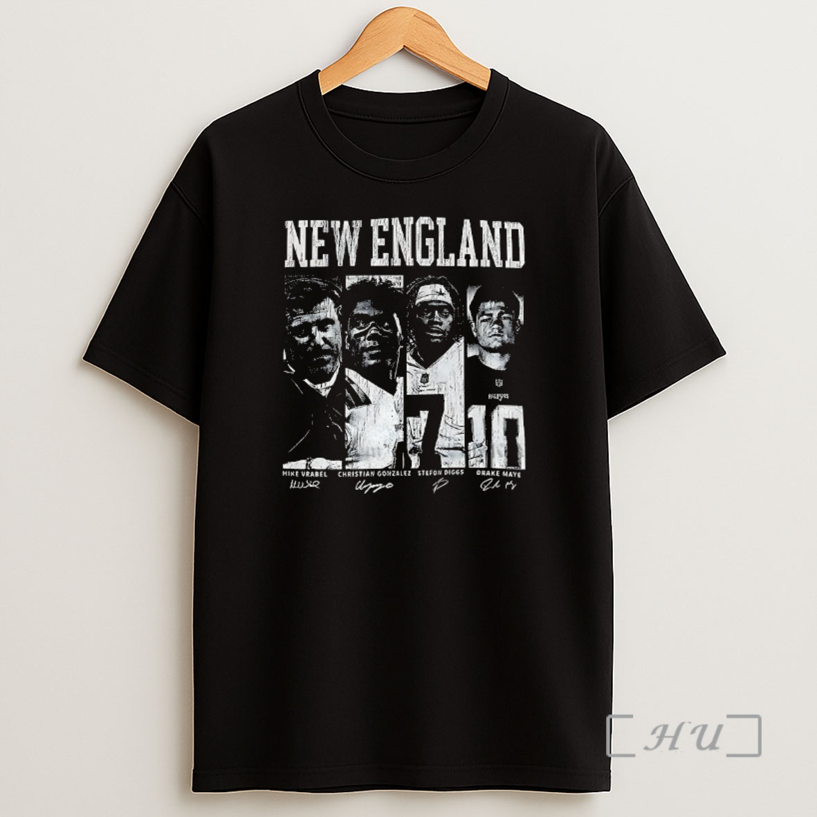 Officials New England Mike Vrabel Christian Gonzalez Stefon Diggs And Drake Maye Signature Premium Shirt Sweatshirt Tee