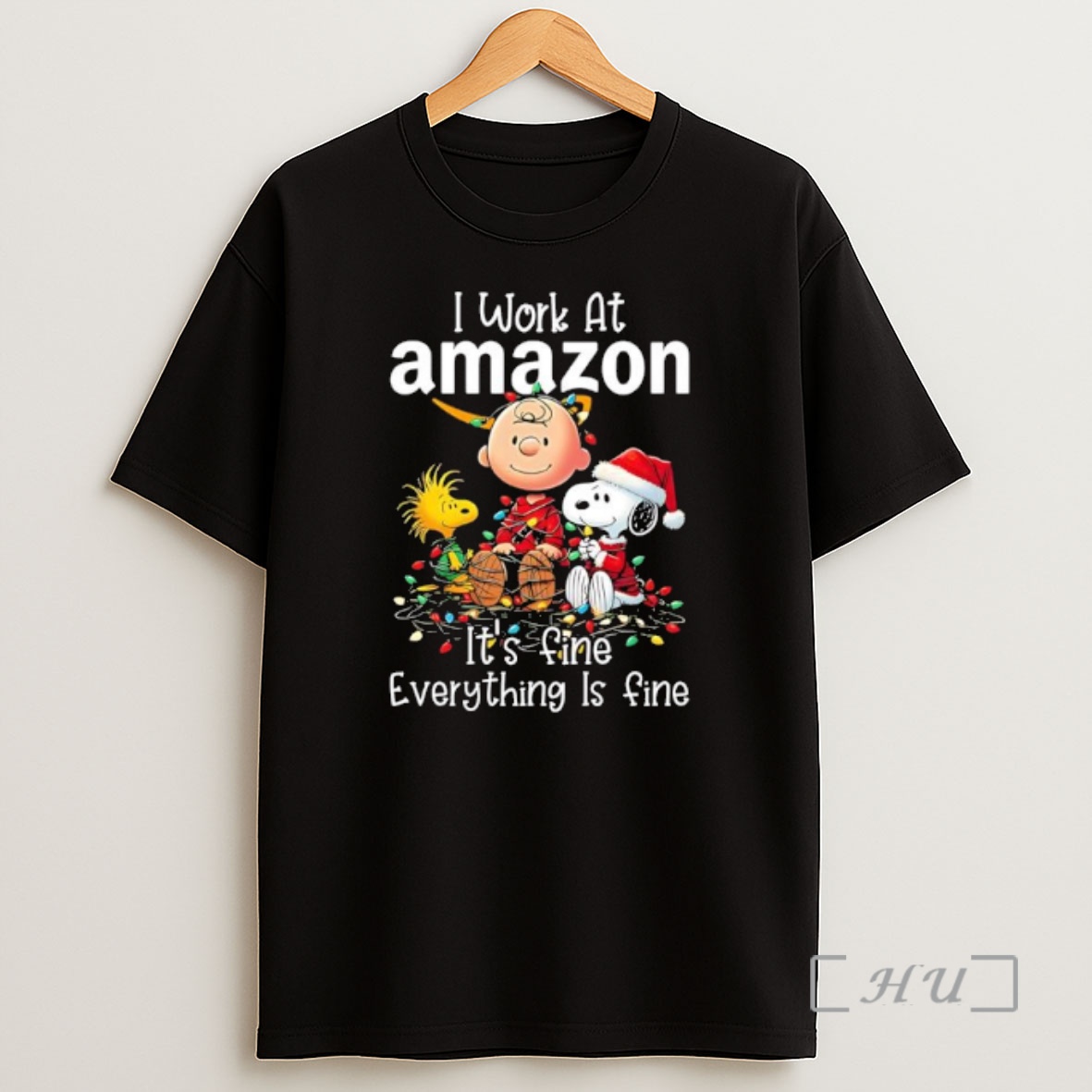Officials Peanuts Characters Christmas Lights I Work At Amazon Its Fine Everything Is Fine Premium Shirt Sweatshirt Tee