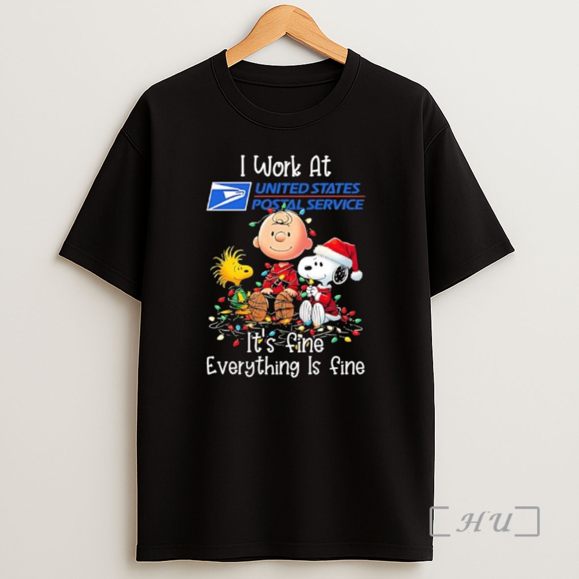 Officials Peanuts Characters Christmas Lights I Work At United States Postal Service Its Fine Everything Is Fine Premium Shirt Sweatshirt Tee