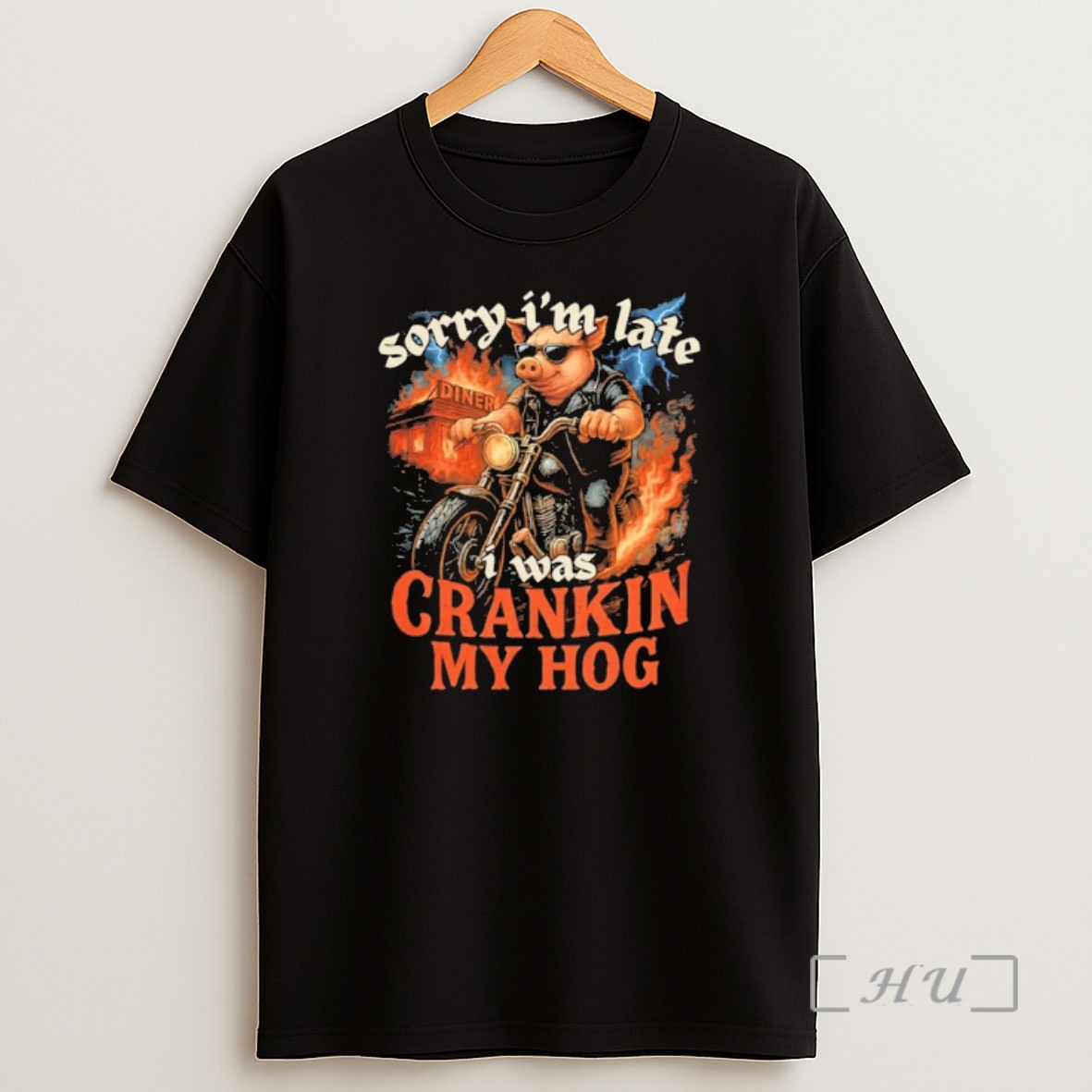 Officials Pig Riding Motorcycle Sorry Im Late I Was Cranking My Hog Premium Shirt Sweatshirt Tee