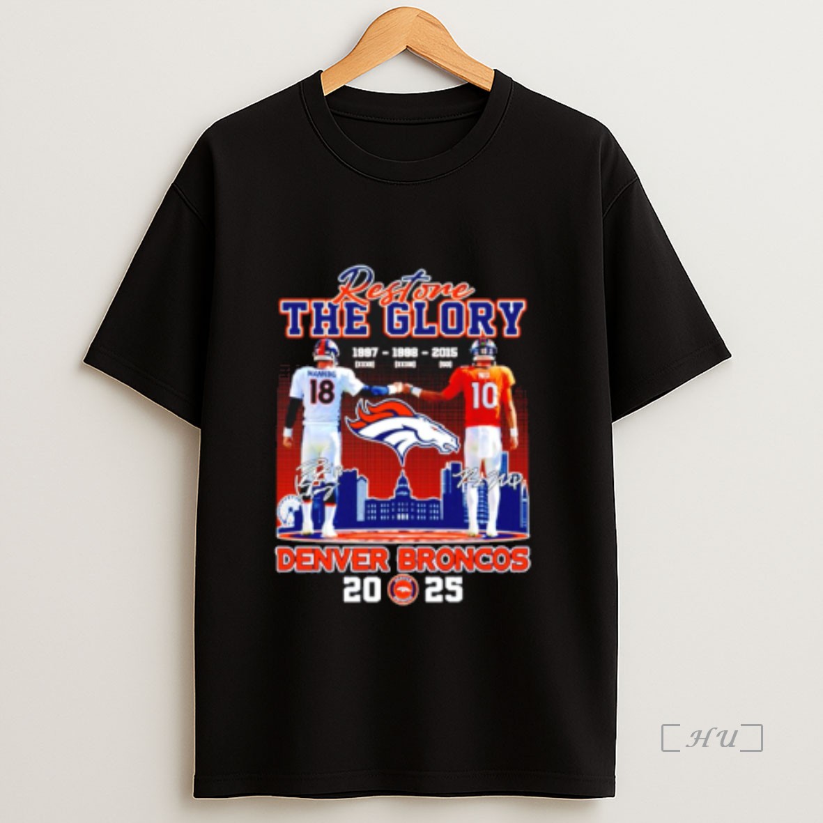Officials Restone The Glory Denver Broncos Manning And Nix 2025 City Skyline Premium Shirt Sweatshirt Tee
