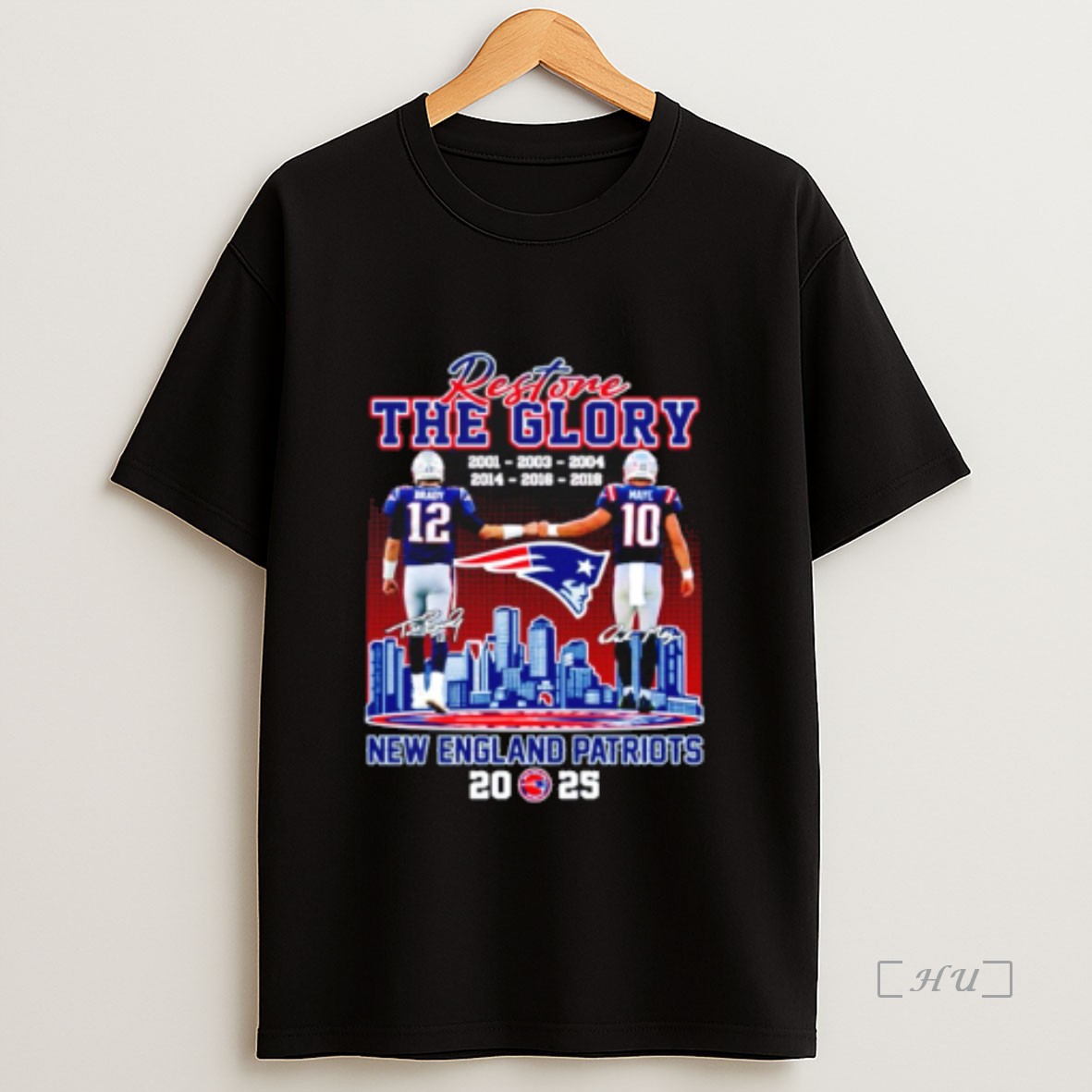 Officials Restone The Glory New England Patriots Brady And Maye 2025 City Skyline Premium Shirt Sweatshirt Tee