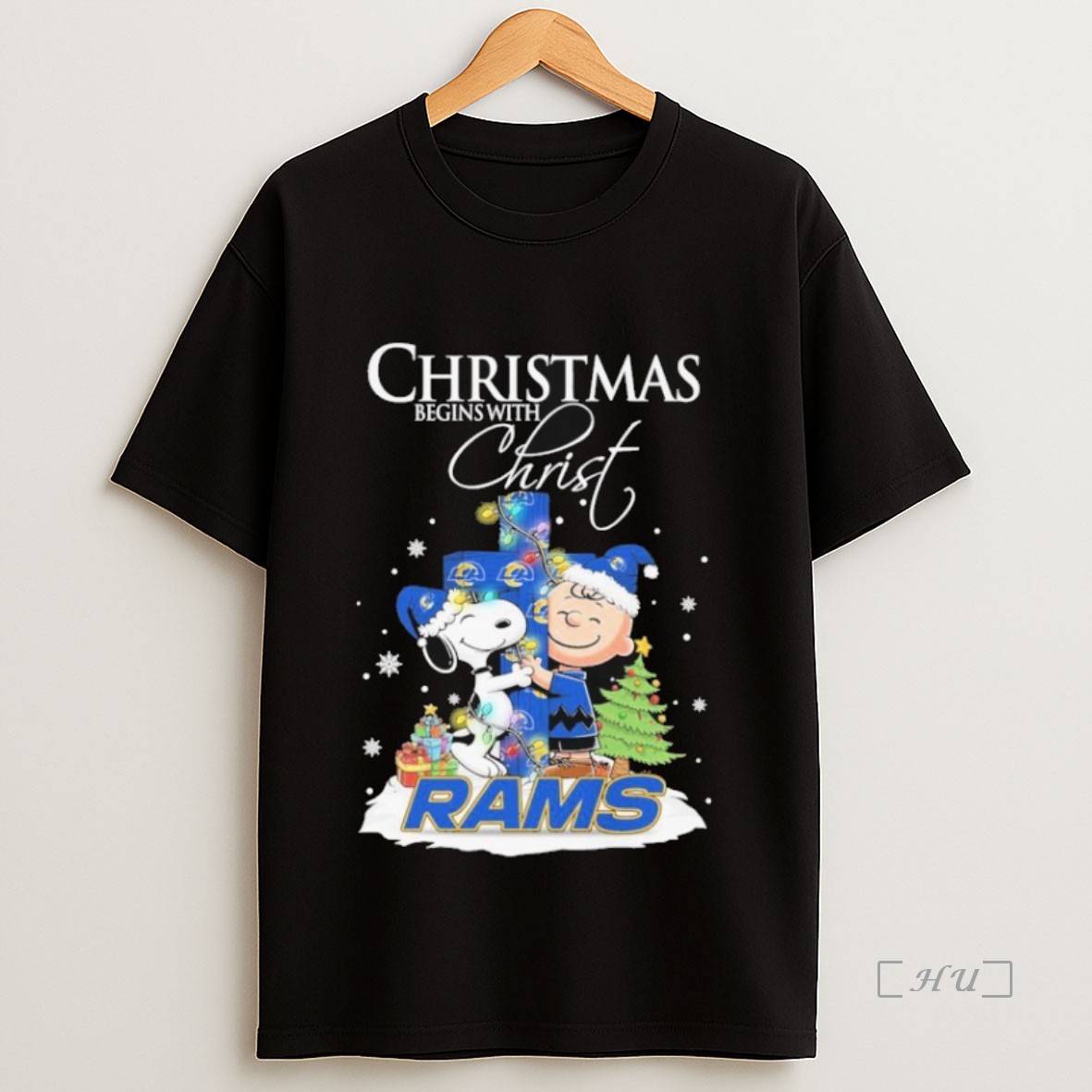 Officials Snoopy And Charlie Brown The Peanuts X Los Angeles Rams Merry Christmas Begins With Christ Premium Shirt Sweatshirt Tee
