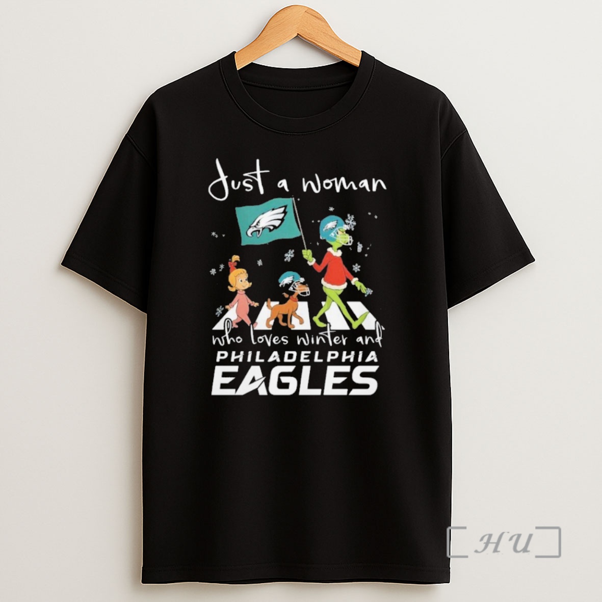 Officials The Grinch Cindy Lou Who And Max Just A Woman Who Loves Winter And Philadelphia Eagles Philly Road Abbey Christmas Premium Shirt Sweatshirt Tee