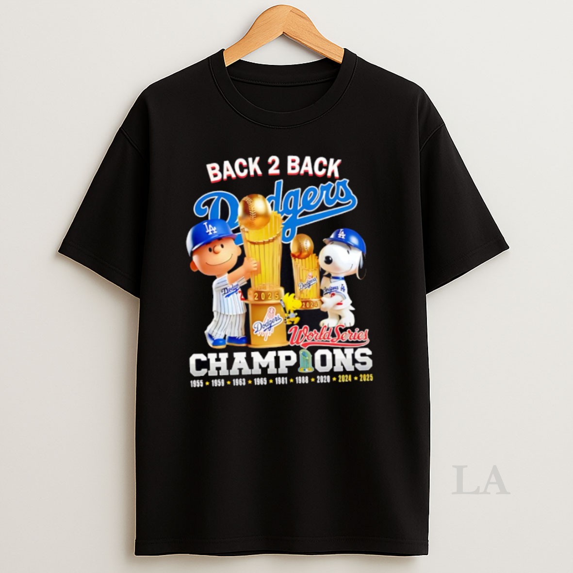 Original Charlie Brown And Snoopy Los Angeles Dodgers Snoopy Back 2 Back Champions Shirt