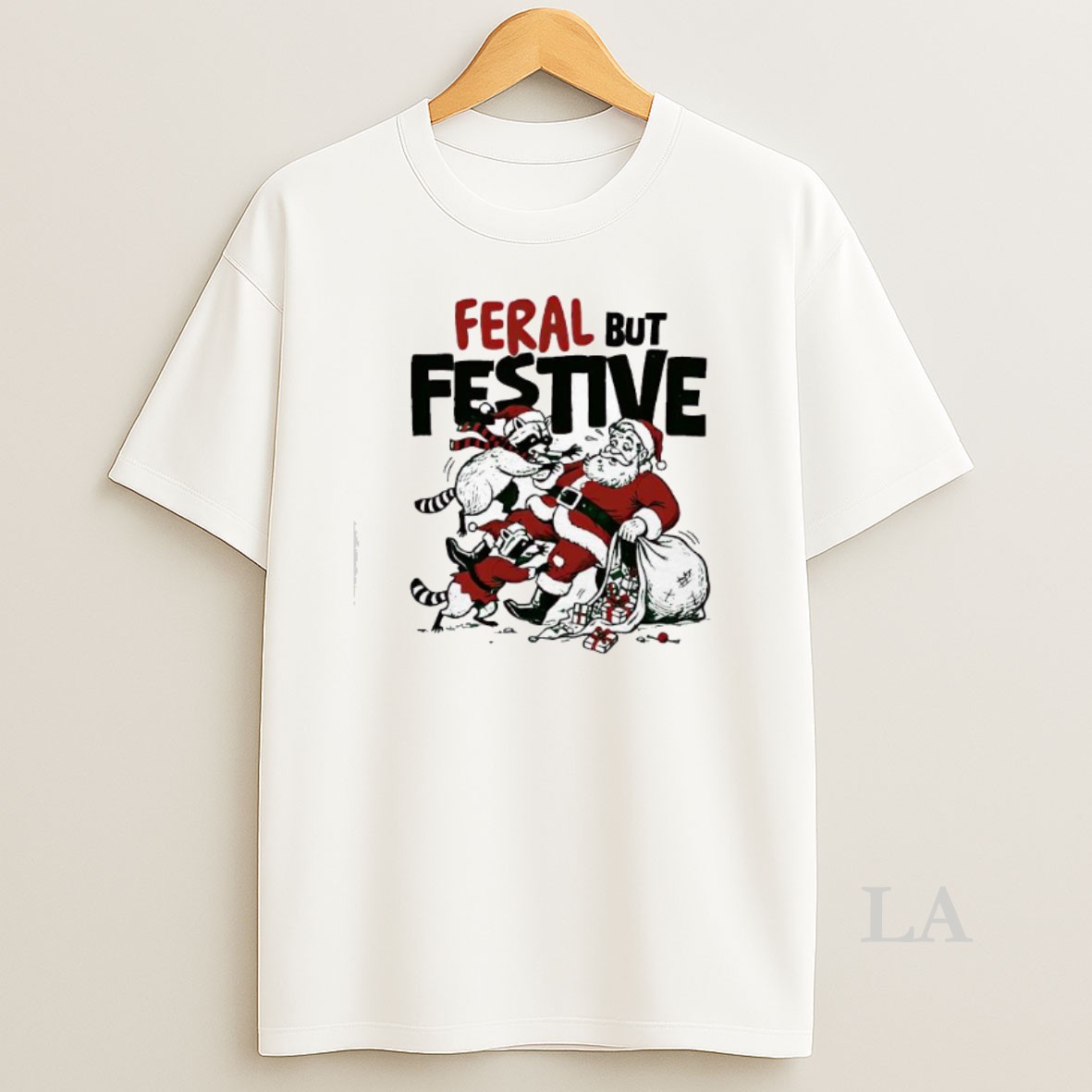 Original Feral But Festive Raccoons And Santa Claus Shirt