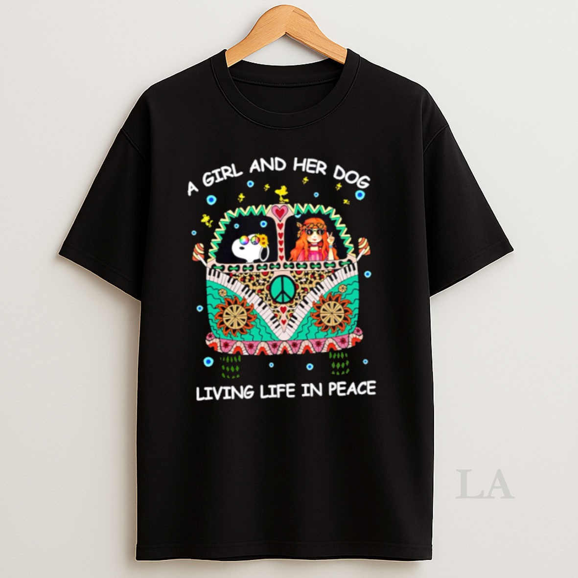 Original Funny A Girl And Her Dog Living Life In Peace Snoopy Hippie Bus Shirt