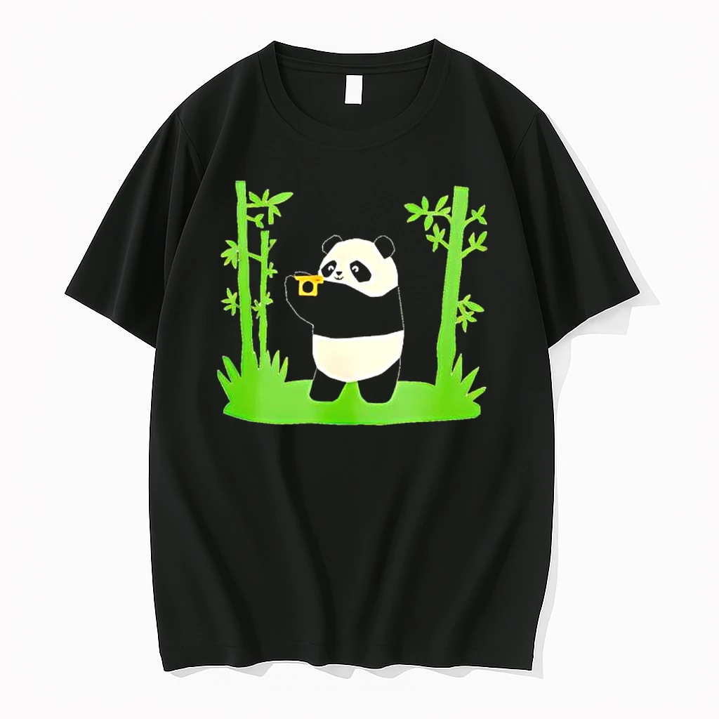 Panda Holding The Camera Cartoon Black Shirts