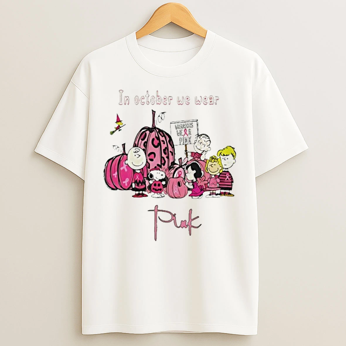 Peanut Snoopy Charlie Brown Friends In October We Wear Pink Halloween Breast Cancer Awareness T Shirts