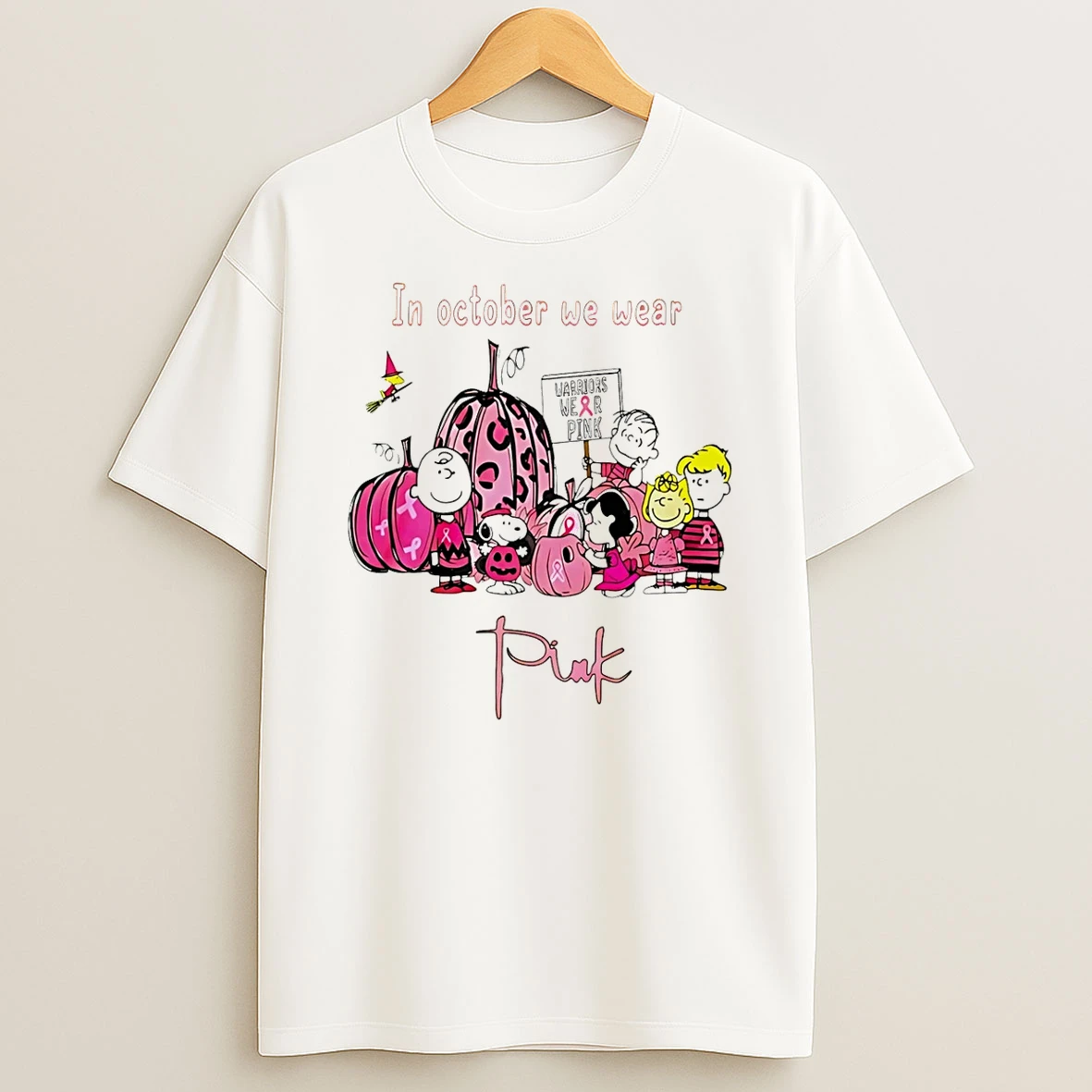 Peanut Snoopy Charlie Brown Friends In October We Wear Pink Halloween Breast Cancer Awareness Shirts
