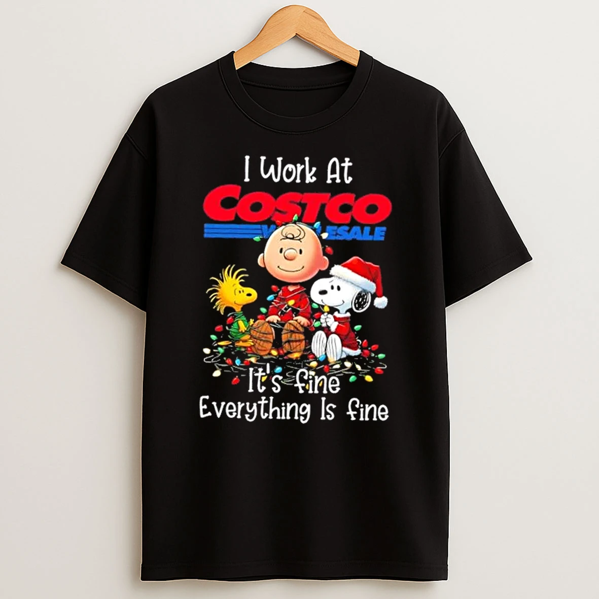 Peanuts Snoopy X Charlie Brown I Work At Costco Wholesale Its Fine Everything Is Fine Christmas Shirts