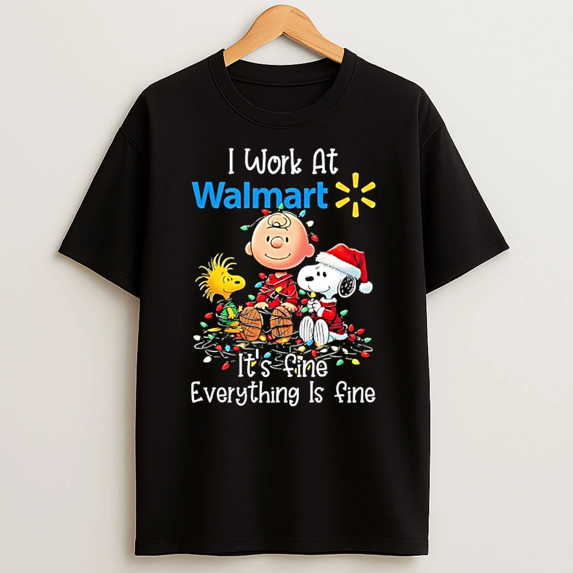 Peanuts Characters Christmas Lights I Work At Walmart Its Fine Everything Is Fine Shirts