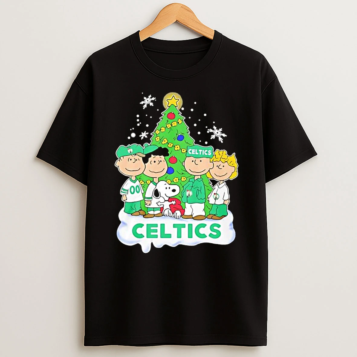 Peanuts Comic Christmas Tree In Boston Celtics Graphic Shirts