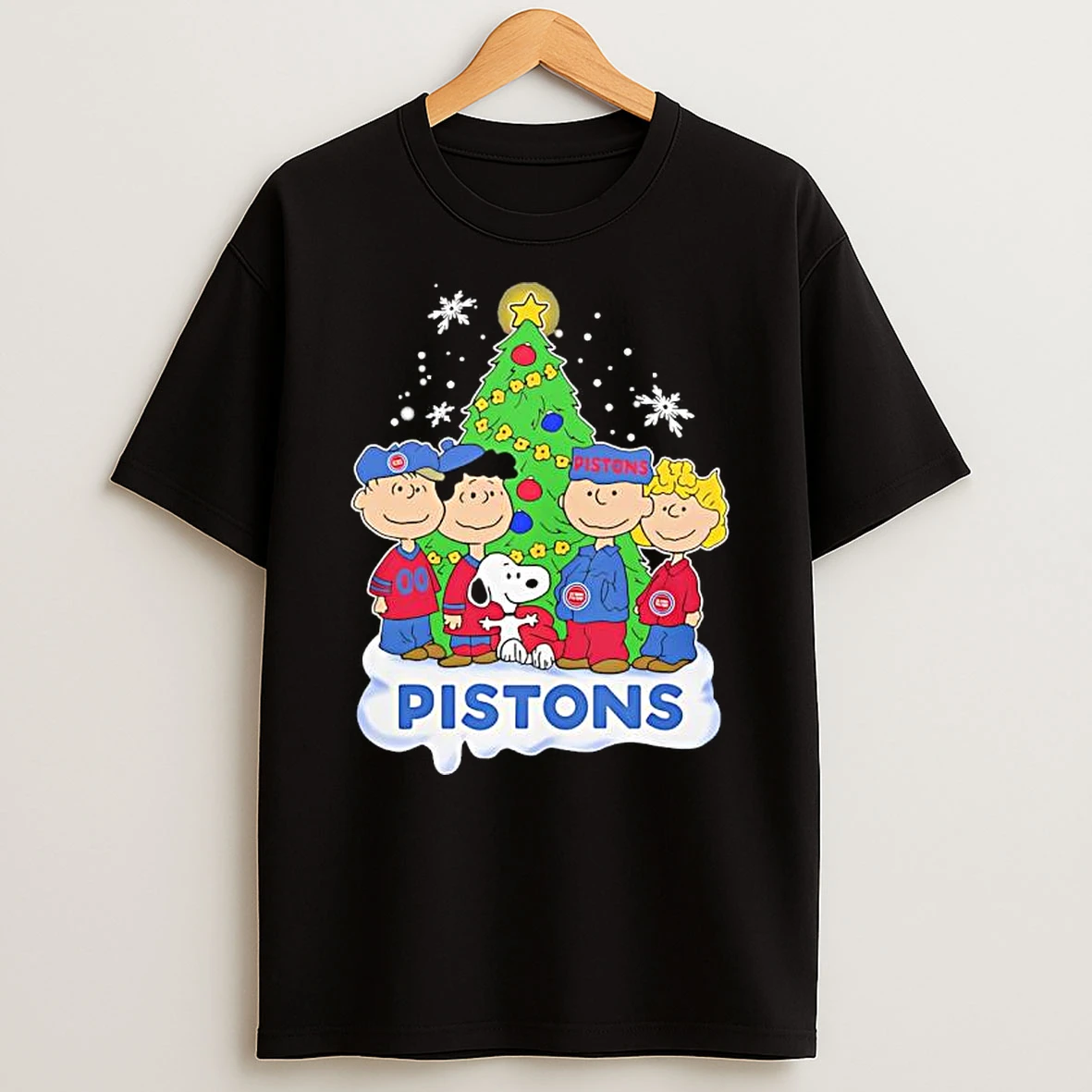 Peanuts Comic Christmas Tree In Detroit Pistons Graphic Shirts