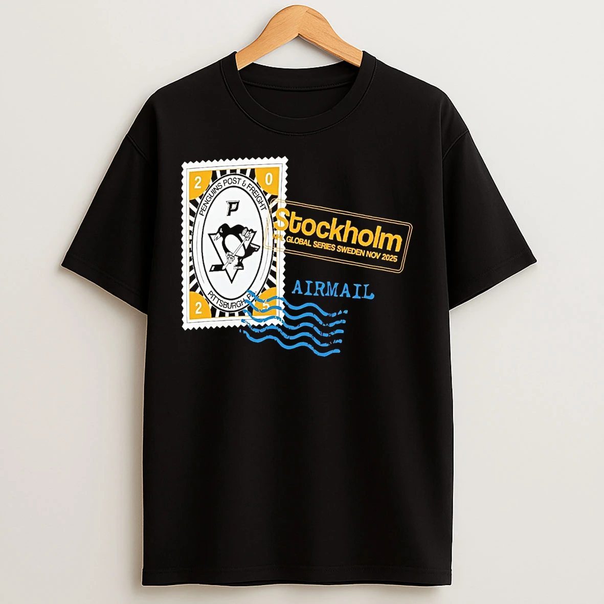 Pittsburgh Penguins 2025 Hometown To Stockholm Airmail Stamp T Shirts