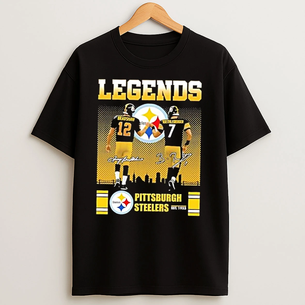 Pittsburgh Steelers Legends Bradshaw X Roethlisberger Skyline T Shirts