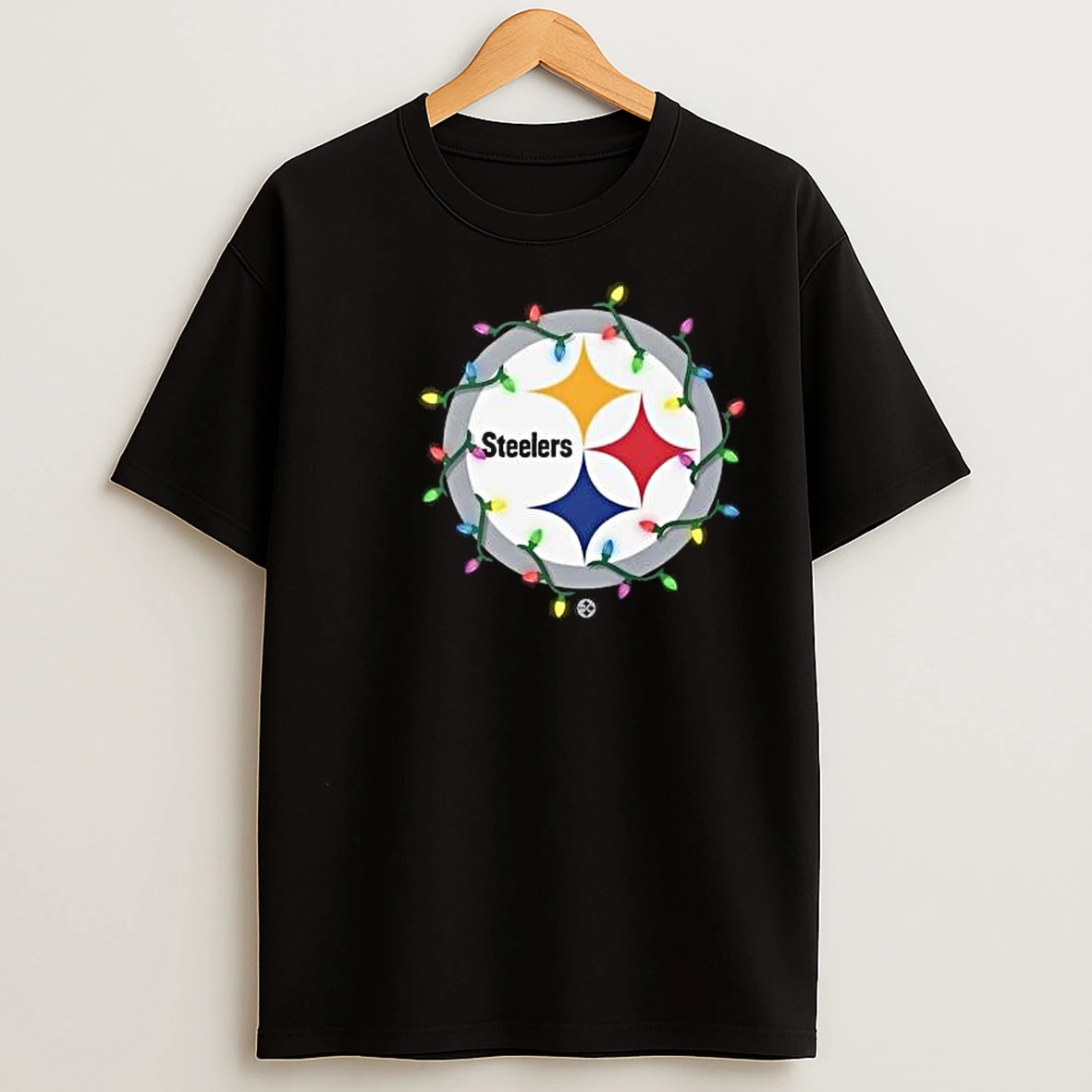 Pittsburgh Steelers Primary Logo Holiday Lights 2025 Circle Black T Shirts