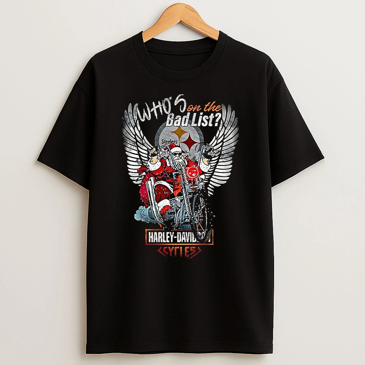 Pittsburgh Steelers Santa Whos On The Bad List Harley Davidson Cycles Shirts