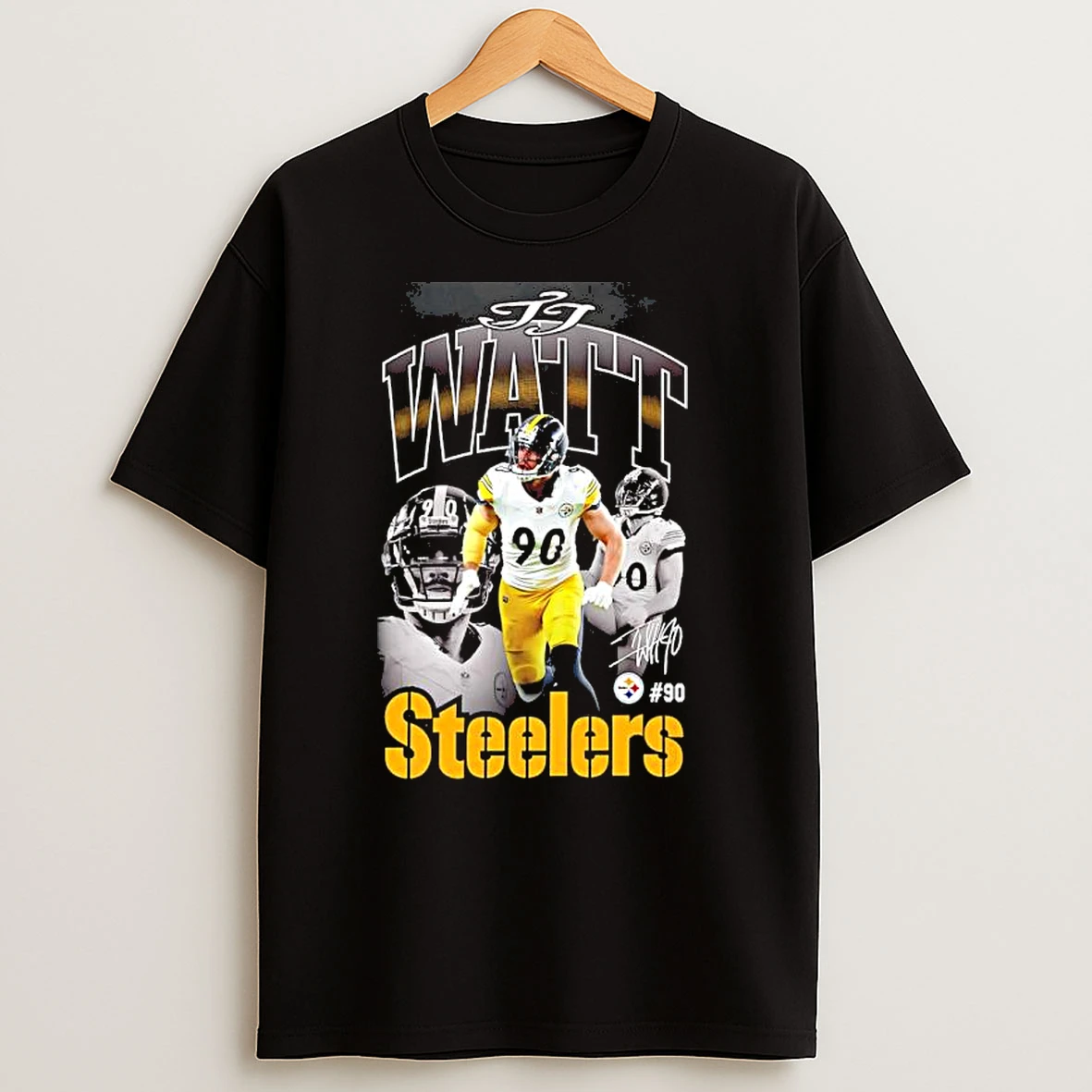 Pittsburgh Steelers T J Watt 90 Player Collage Signature T Shirts