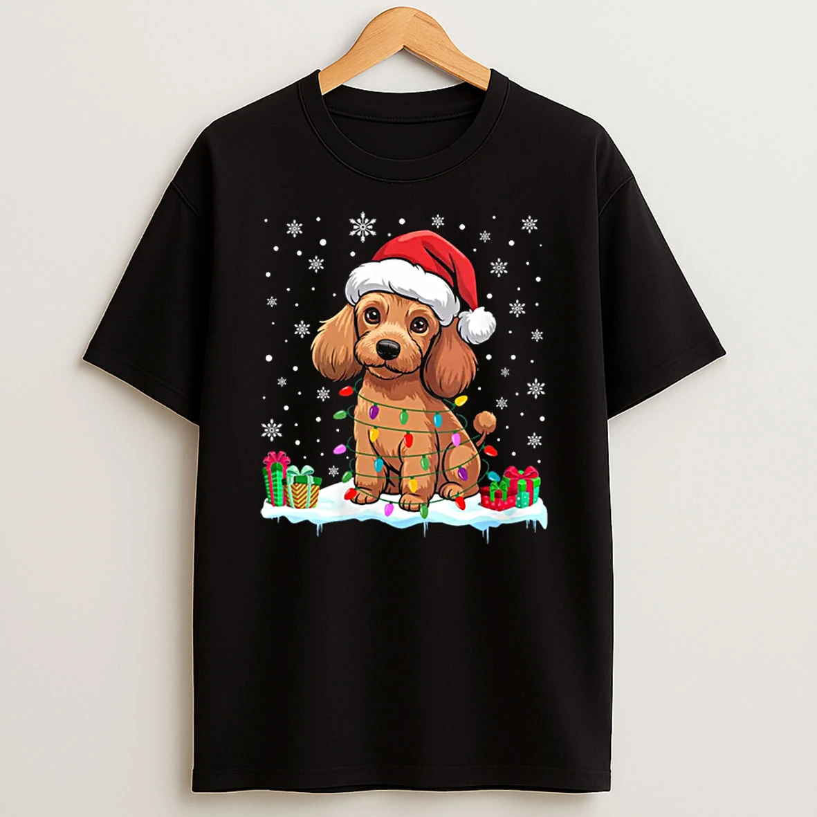Poodle Dog Christmas Lights Decor Funny Santa Hat Ugly Xmas Shirts