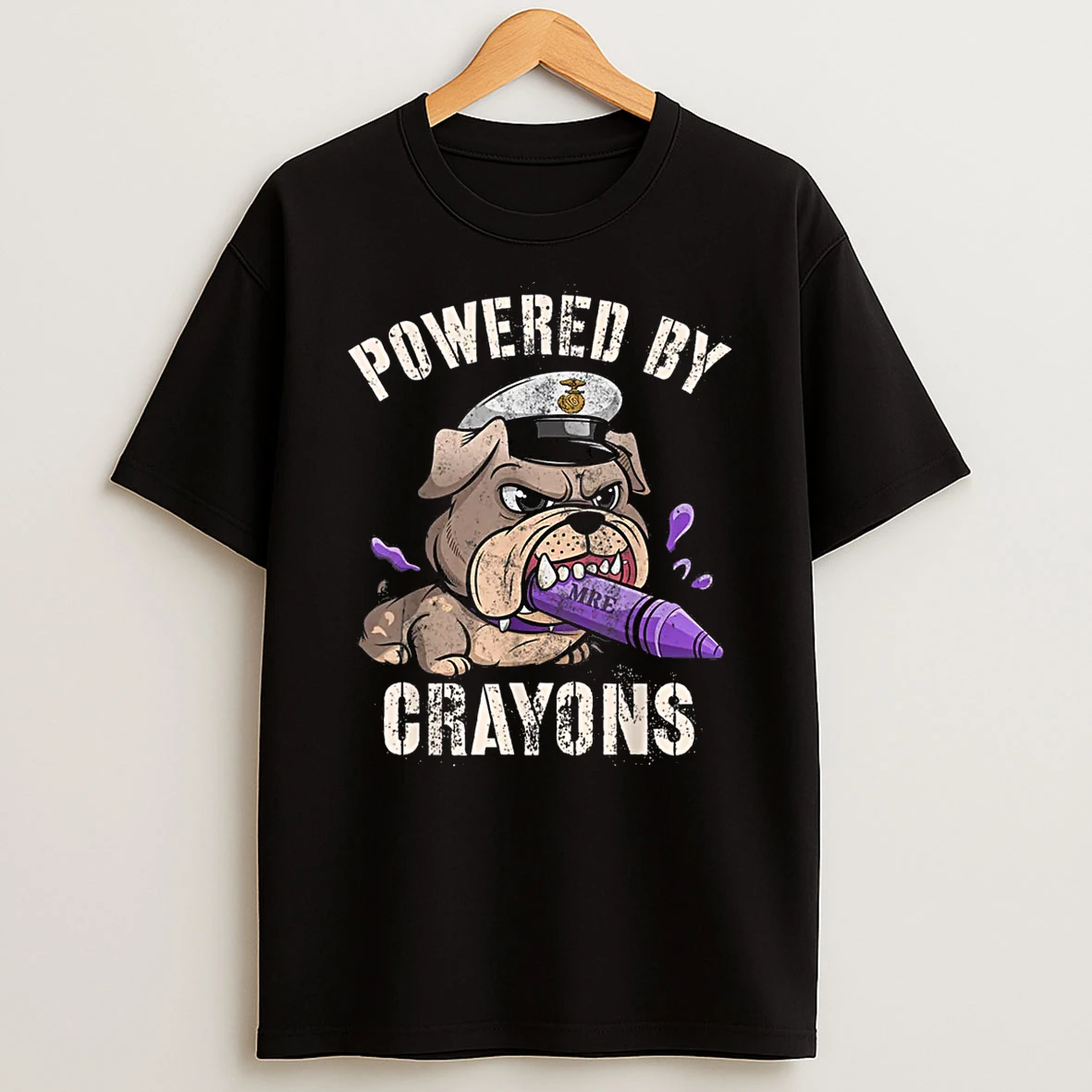 Powered By Crayons Bulldog Officer Family Military Gag Shirts