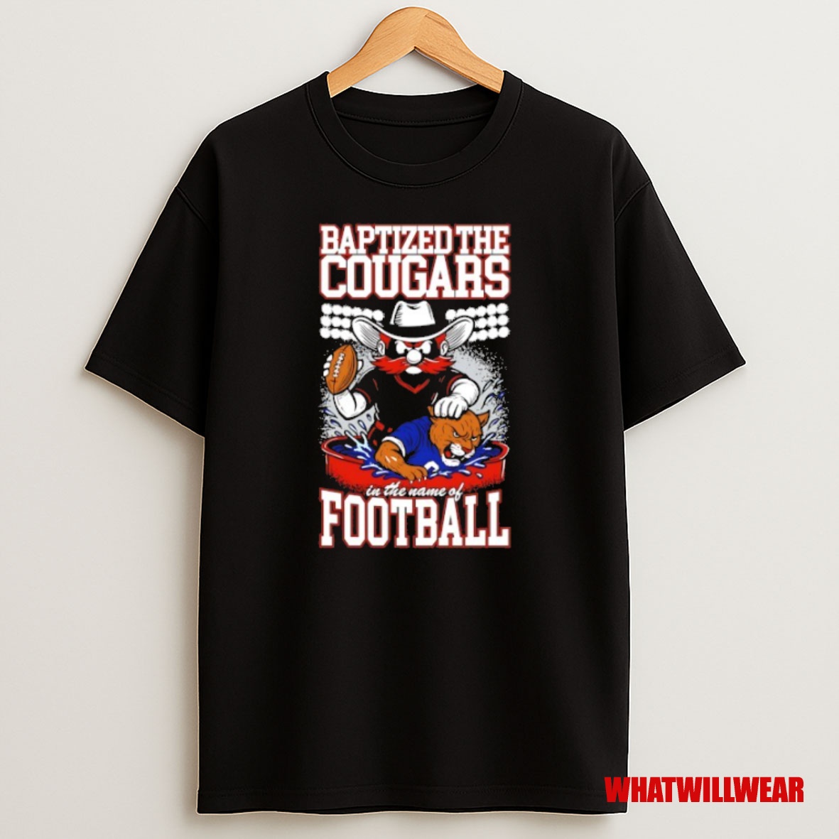 Premium Texas Tech Red Raiders Vs Byu Cougars Baptized The Cougars In The Name Of Football Sweatshirt Tee