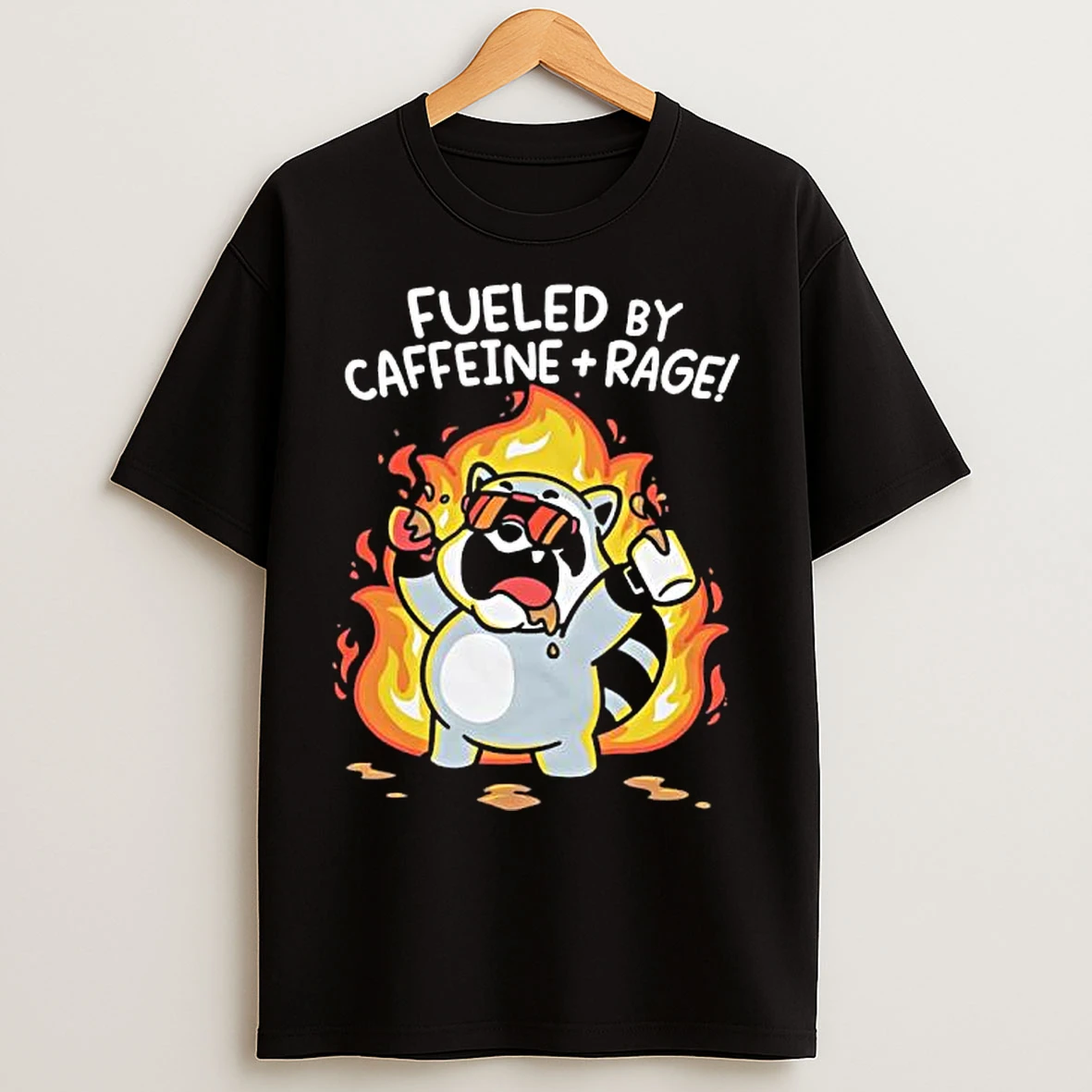 Raccoon Fueled By Caffeine Rage Graphic T Shirts