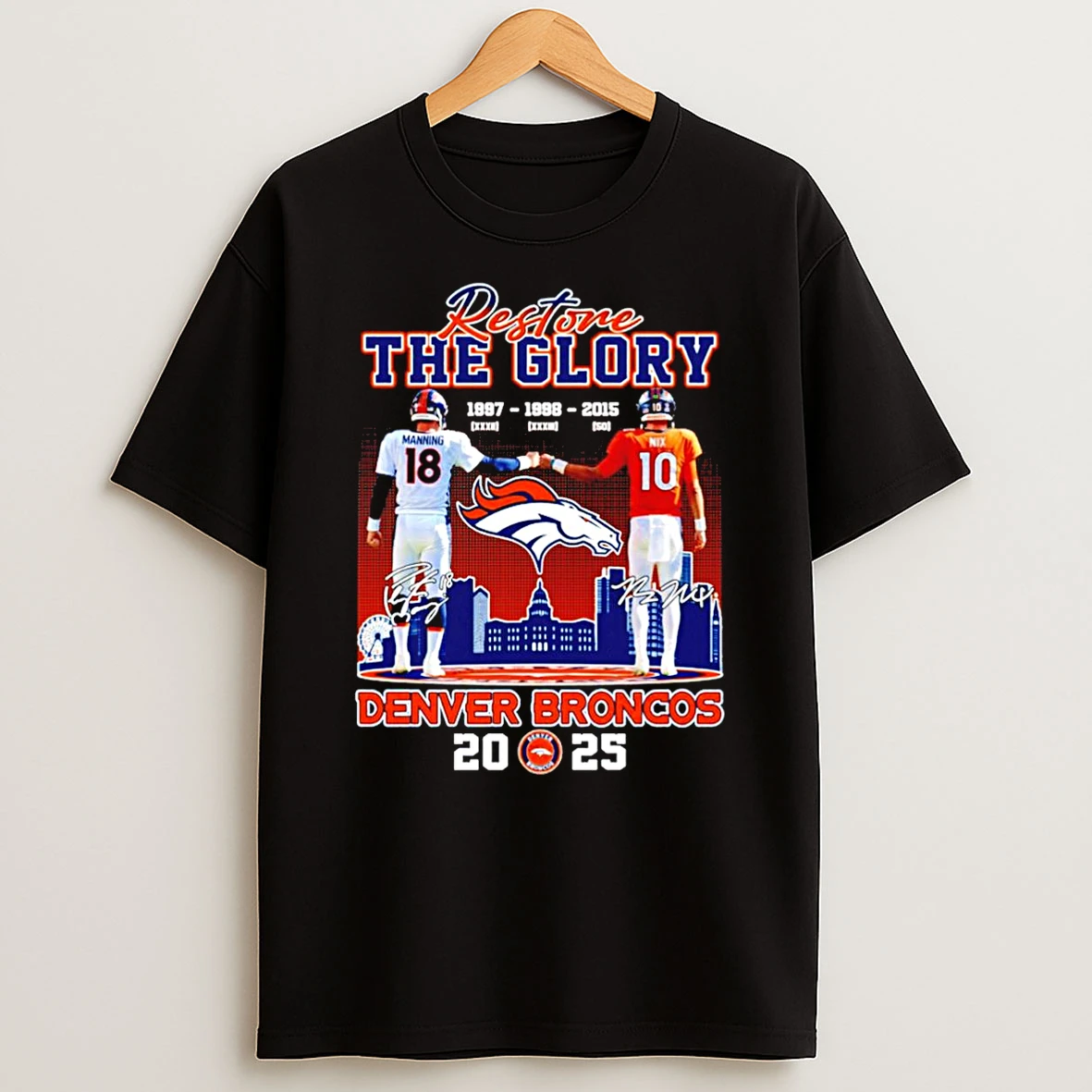 Restone The Glory Denver Broncos Manning And Nix 2025 City Skyline Shirts