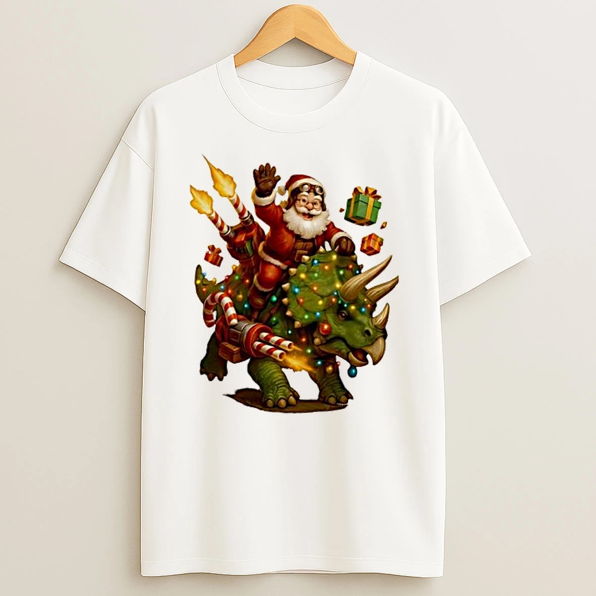 Rocket Triceratops Dinosaur Christmas Santa Shirts